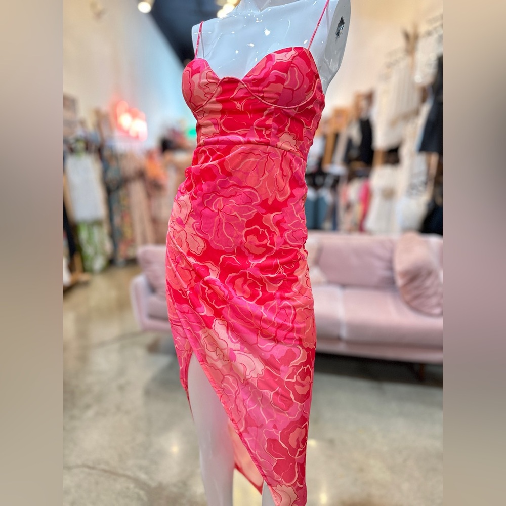 Stretchy Floral Mesh High Slit Midi Dress